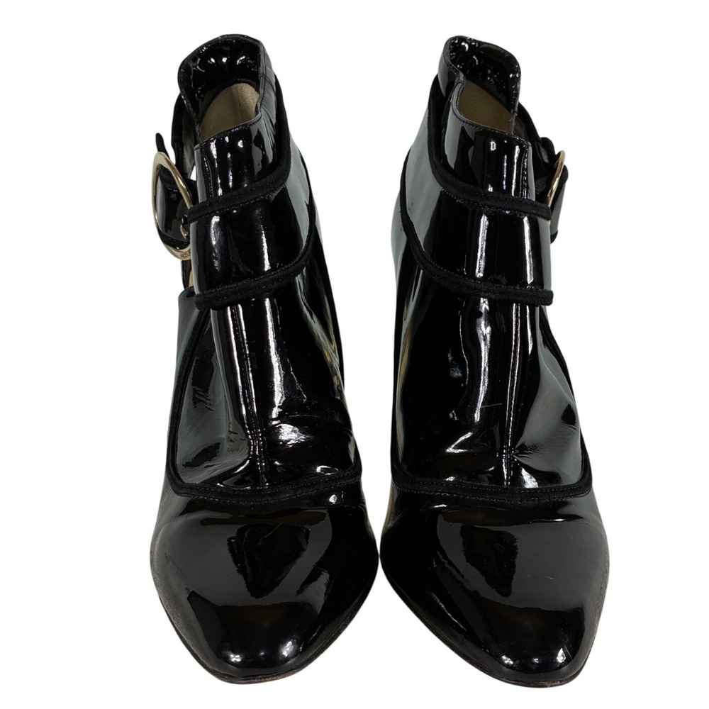 Jimmy Choo Black Patent Leather Buckle Ankle Booties Gold Heel IT 39.5 US 9.5
